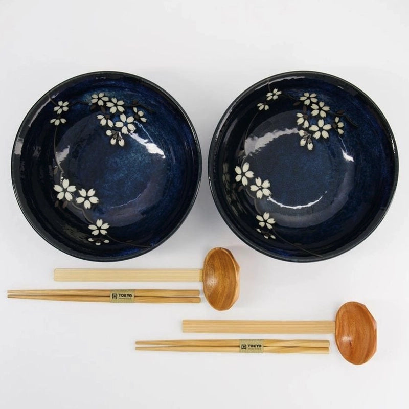 Coffret à ramen de 6 pièces en porcelaine et bois Sakura Cobalt Bleu Tokyo Design