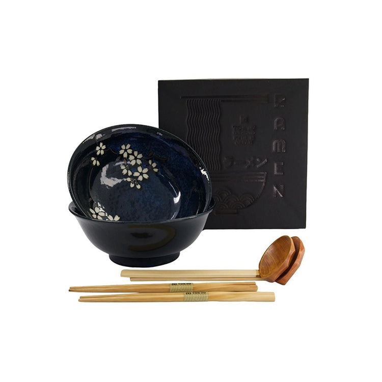 Coffret à ramen de 6 pièces en porcelaine et bois Sakura Cobalt Bleu Tokyo Design